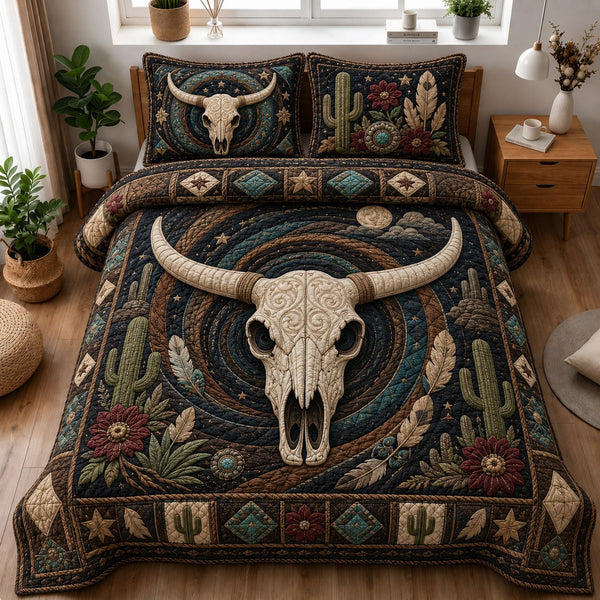 Boho Desert Longhorn Skull Nightscape quilted 3-piece bedding set on a made bed against a dark styled interior