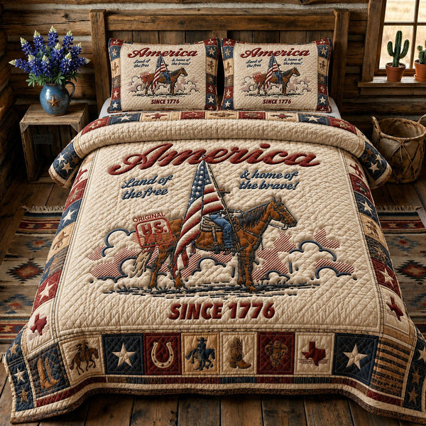 America Land Of The Free quilted 3-piece bedding set on a made bed in a warmly lit bedroom