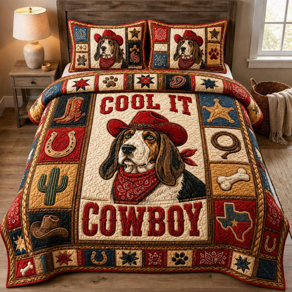 Basset Hound Red Hat Cowboy quilted 3-piece bedding set on a made bed in a rustic timber bedroom