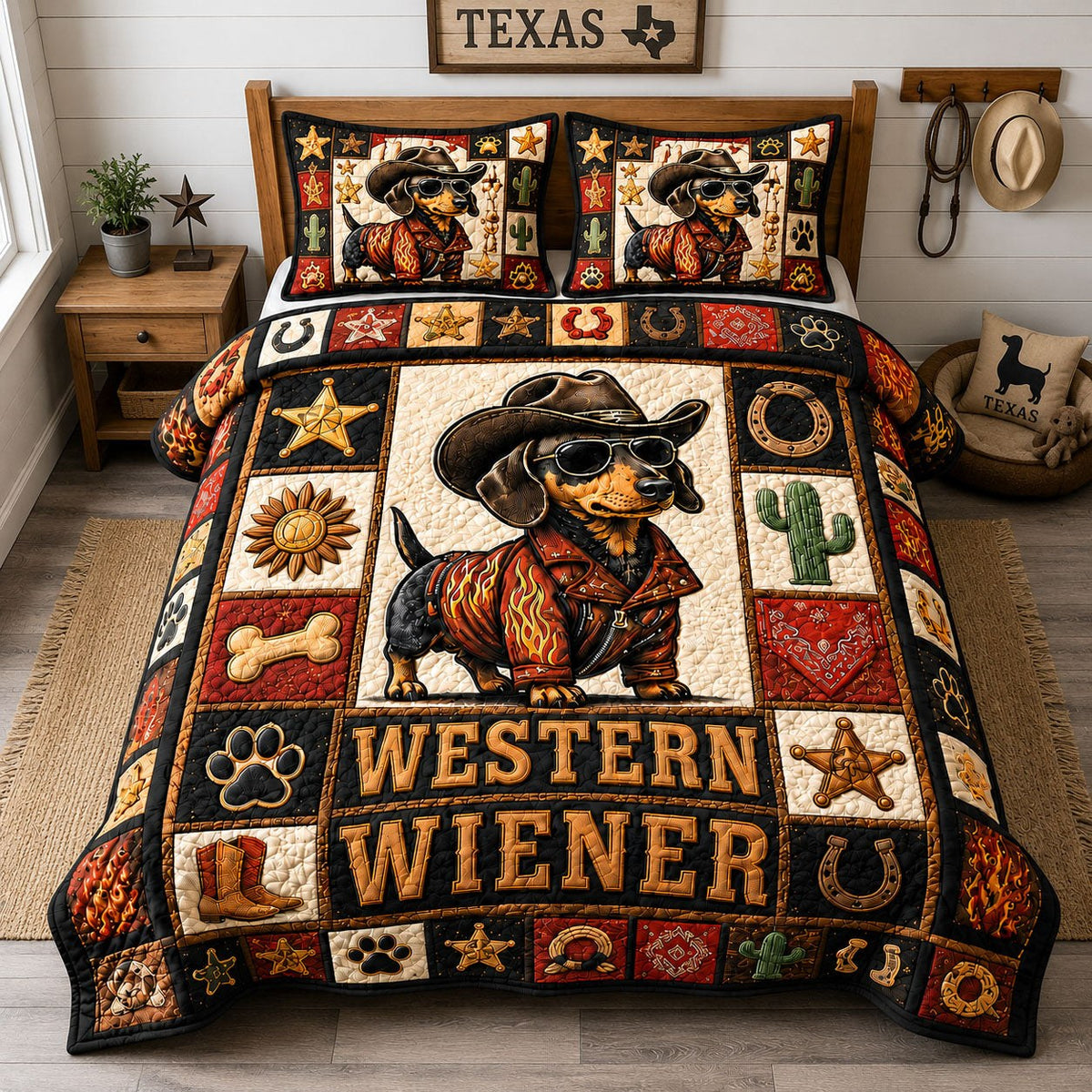 Dachshund Western Wiener 3-Piece Quilted Bedding Set — quilt and two matching pillow shams
