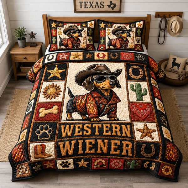 Dachshund Western Wiener 3-Piece Quilted Bedding Set — quilt and two matching pillow shams