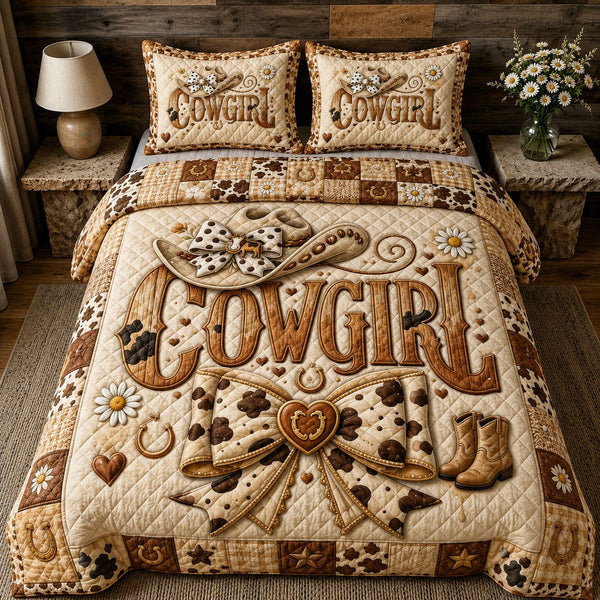 Cowgirl Bow Boots 3-Piece Quilted Bedding Set — quilt and two matching pillow shams