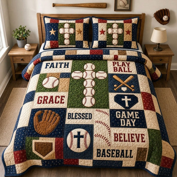 Baseball Faith Cross Patchwork quilted 3-piece bedding set on a made bed in a softly lit bedroom