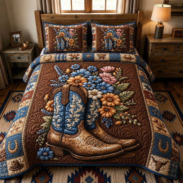 Blue Boots Wildflower quilted 3-piece bedding set on a made bed in a rustic timber bedroom