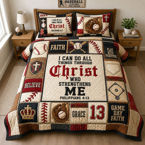 Christ Strengthens Me Baseball Faith quilted 3-piece bedding set on a made bed in a softly lit bedroom