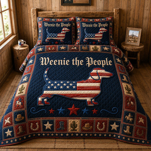 American Flag Weenie The People quilted 3-piece bedding set on a made bed in a warmly lit bedroom