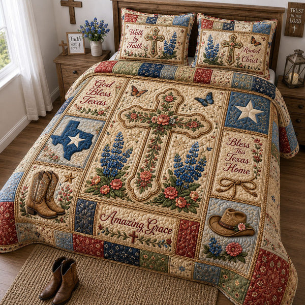 Amazing Grace Texas Floral Cross quilted 3-piece bedding set on a made bed in a softly lit bedroom