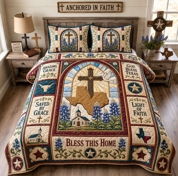 Bless This Home Texas Faith quilted 3-piece bedding set on a made bed in a softly lit bedroom