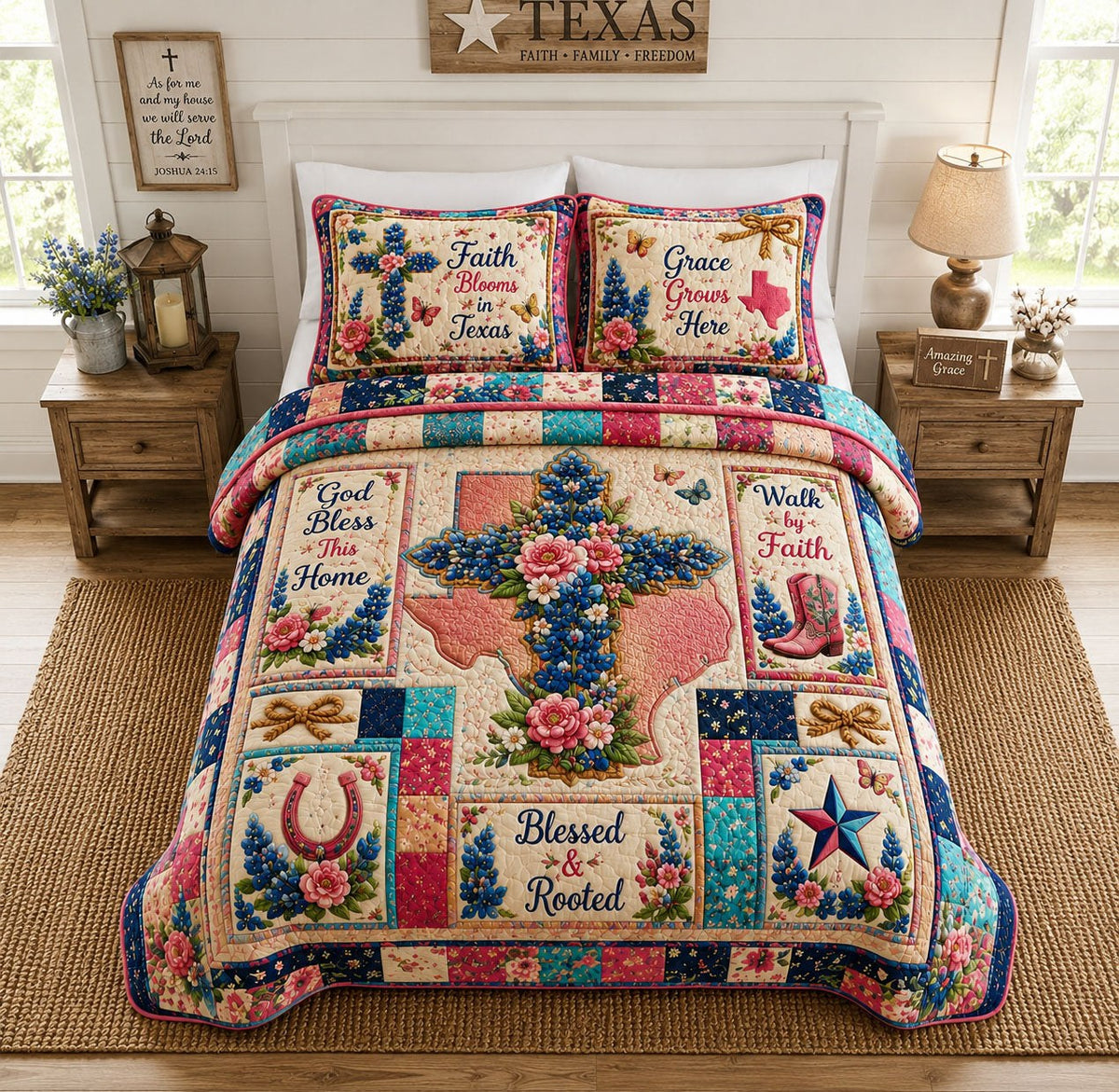 Faith Blooms In Texas Patchwork 3-Piece Quilted Bedding Set — quilt and two matching pillow shams