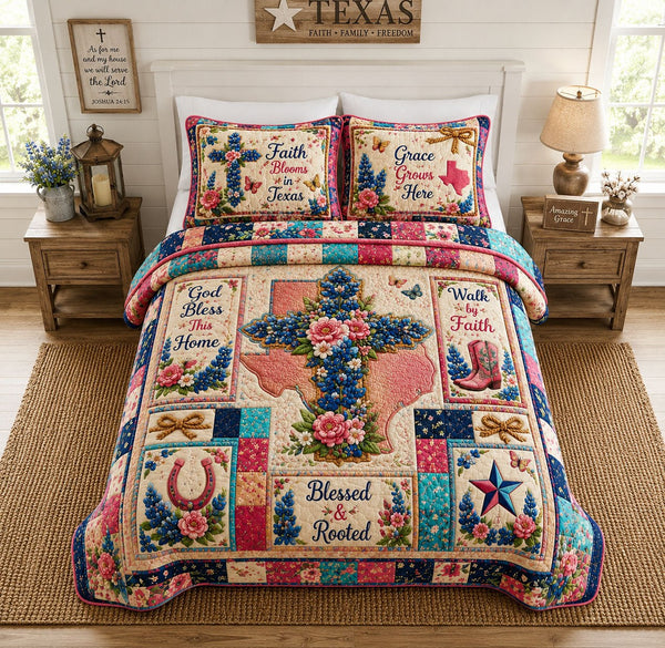 Faith Blooms In Texas Patchwork 3-Piece Quilted Bedding Set — quilt and two matching pillow shams