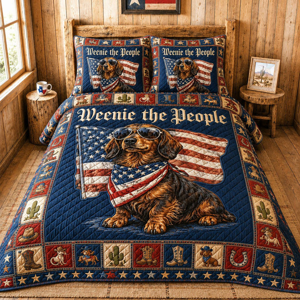 Americana Patriot Weenie quilted 3-piece bedding set on a made bed in a warmly lit bedroom