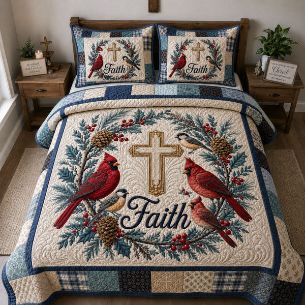 Faithful Cardinals Grace 3-Piece Quilted Bedding Set — quilt and two matching pillow shams