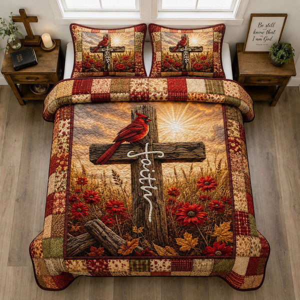 Faithful Cross Cardinal 3-Piece Quilted Bedding Set — quilt and two matching pillow shams