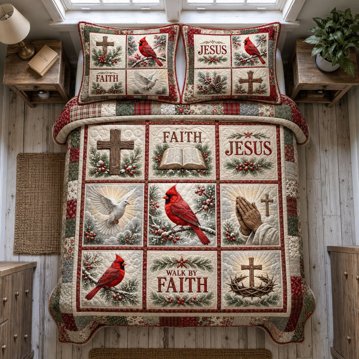 Faith And Jesus Cardinals Patchwork 3-Piece Quilted Bedding Set — quilt and two matching pillow shams
