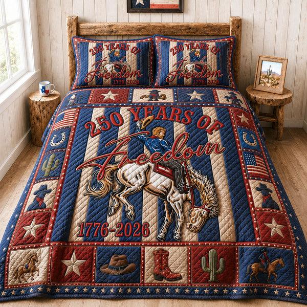 America 250 Cowboy Heritage quilted 3-piece bedding set on a made bed in a warmly lit bedroom