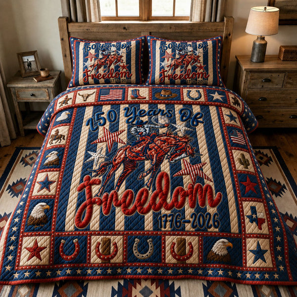 American Spirit Rodeo quilted 3-piece bedding set on a made bed in a warmly lit bedroom