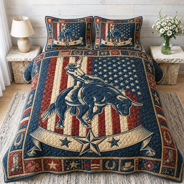 American Bull Rider quilted 3-piece bedding set on a made bed in a warmly lit bedroom