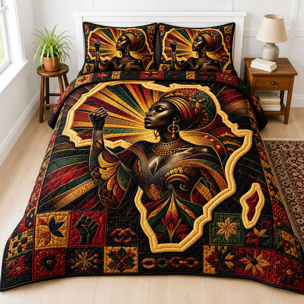 African Empowerment 3-Piece Quilted Bedding Set — quilt and two matching pillow shams