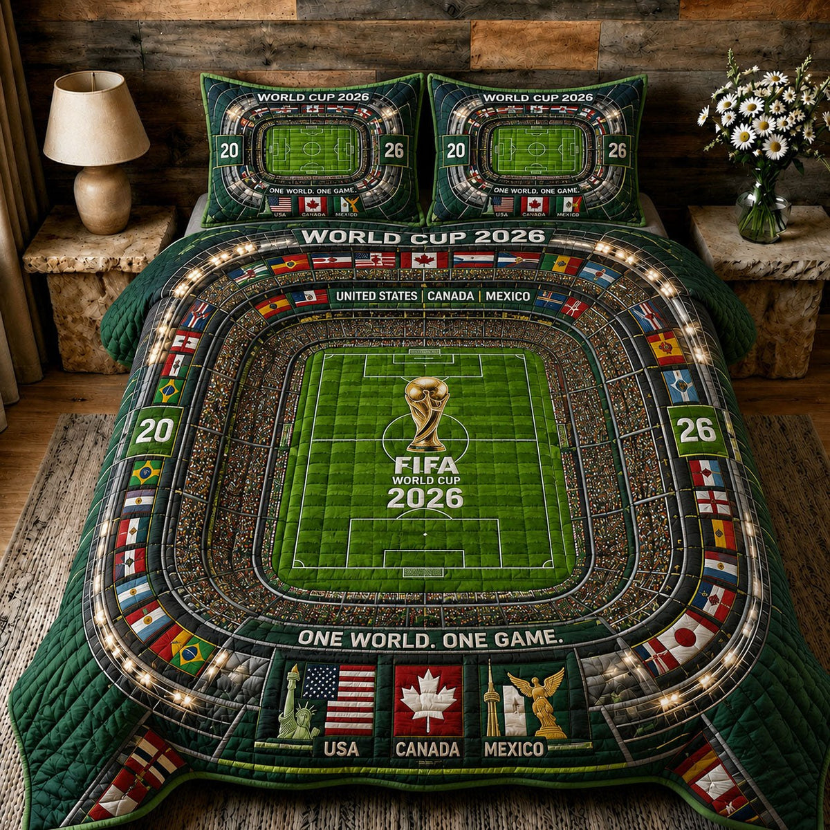 FIFA 2026 Mega Stadium 3-Piece Quilted Bedding Set — quilt and two matching pillow shams
