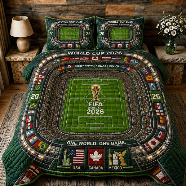 FIFA 2026 Mega Stadium 3-Piece Quilted Bedding Set — quilt and two matching pillow shams