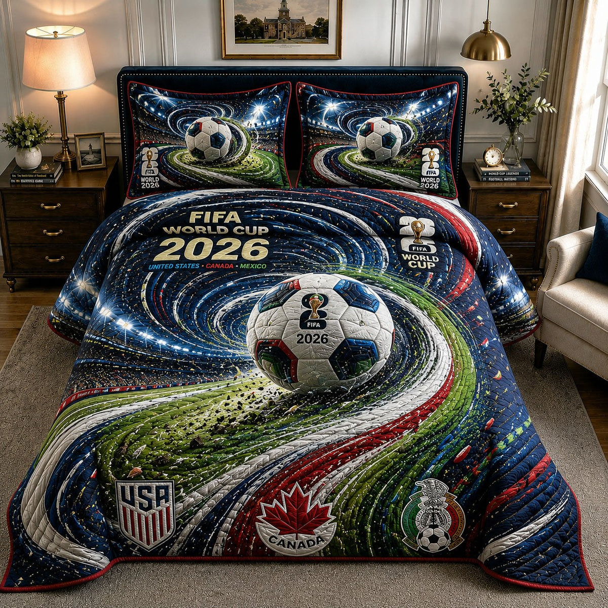 FIFA 2026 Cosmic Match 3-Piece Quilted Bedding Set — quilt and two matching pillow shams