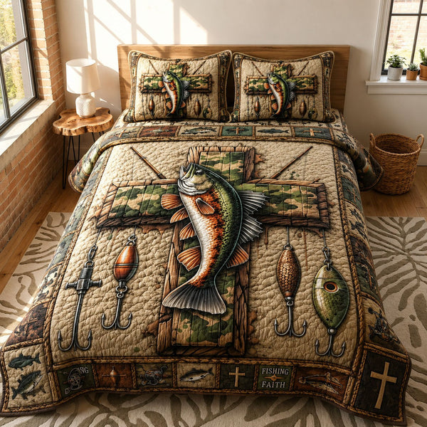 Camouflage Fishing Cross quilted 3-piece bedding set on a made bed in a softly lit bedroom