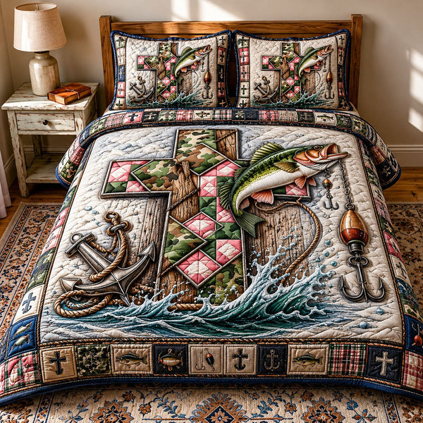 Anchor Cross Bass quilted 3-piece bedding set on a made bed in a softly lit bedroom
