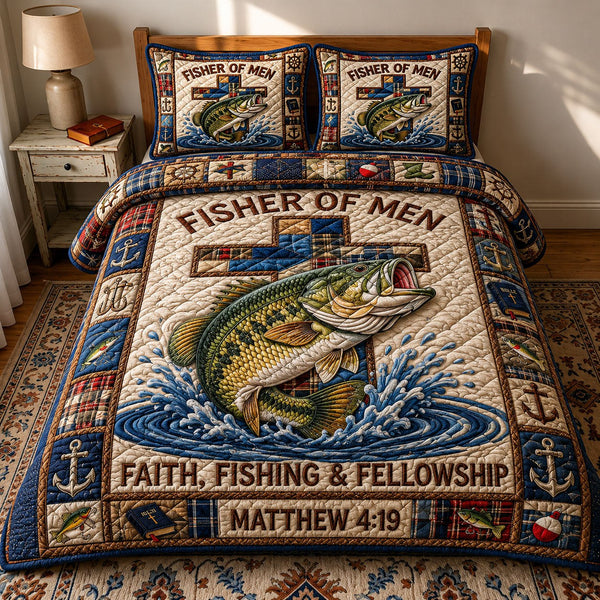 Fisher Of Men quilted 3-piece bedding set on a made bed with two matching pillow shams