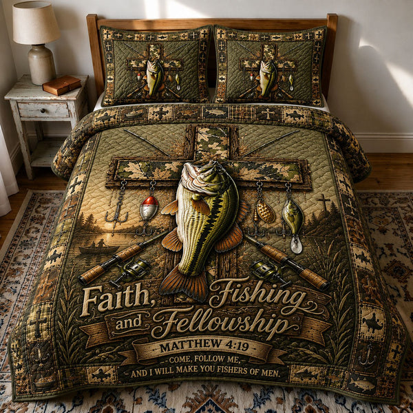 Faith Fishing Fellowship quilted 3-piece bedding set on a made bed in a softly lit bedroom