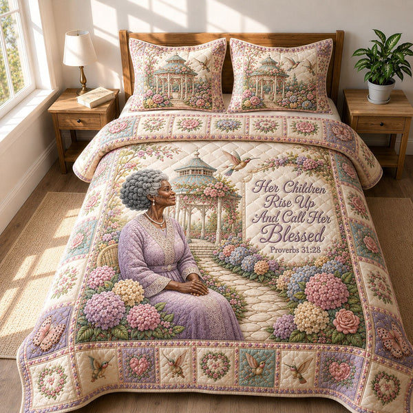 Blessed Generations Garden quilted 3-piece bedding set on a made bed in a softly lit bedroom