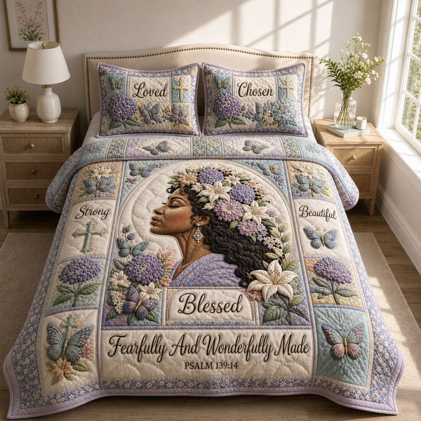 Fearfully And Wonderfully Made quilted 3-piece bedding set on a made bed with two matching pillow shams