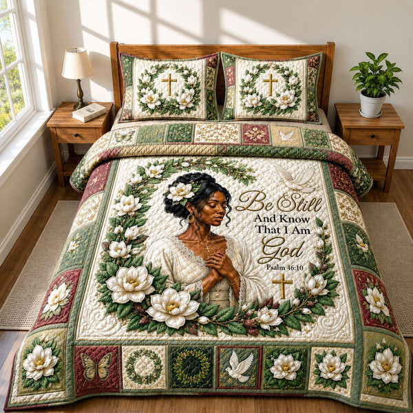Be Still Magnolia Faith quilted 3-piece bedding set on a made bed in a softly lit bedroom