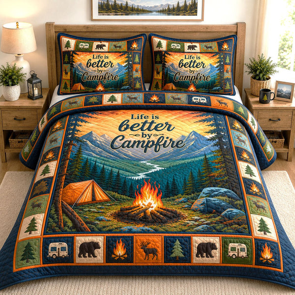 Campfire quilted 3-piece bedding set on a made bed with two matching pillow shams