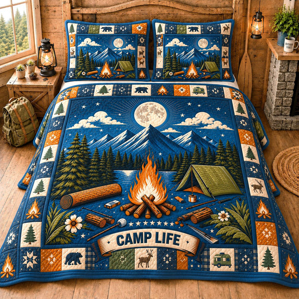 Camp Life quilted 3-piece bedding set on a made bed with two matching pillow shams