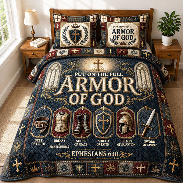 Armor Of God Cathedral Cross quilted 3-piece bedding set on a made bed in a softly lit bedroom