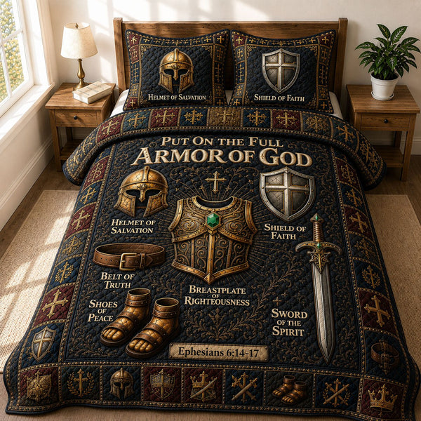 Armor Of God quilted 3-piece bedding set on a made bed in a softly lit bedroom