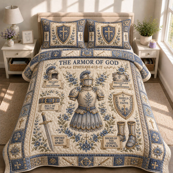 Armor Of God quilted 3-piece bedding set on a made bed in a softly lit bedroom