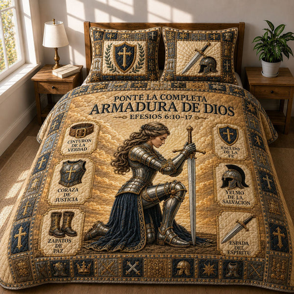 Armadura de Dios quilted 3-piece bedding set on a made bed with two matching pillow shams