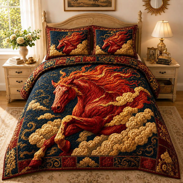 Crimson Celestial Fire Horse 3-Piece Quilted Bedding Set — quilt and two matching pillow shams