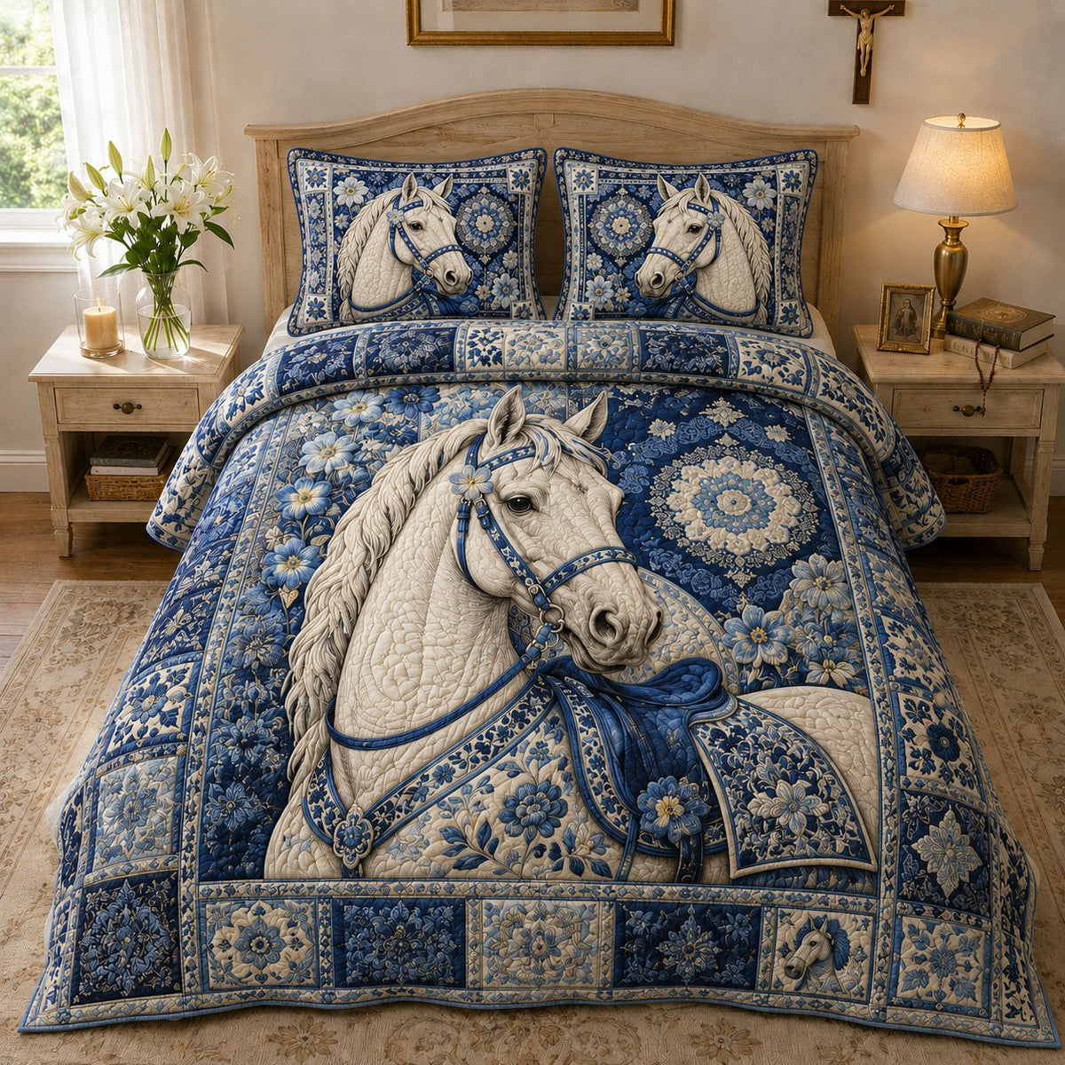 Blue Porcelain Equestrian 3-Piece Quilted Bedding Set — quilt and two matching pillow shams