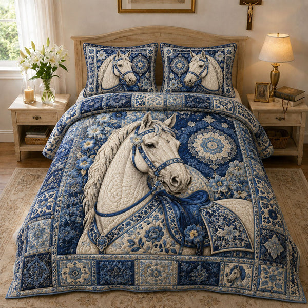 Blue Porcelain Equestrian quilted 3-piece bedding set on a made bed in a rustic timber bedroom