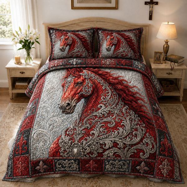 Crimson Filigree Arabian Stallion 3-Piece Quilted Bedding Set — quilt and two matching pillow shams