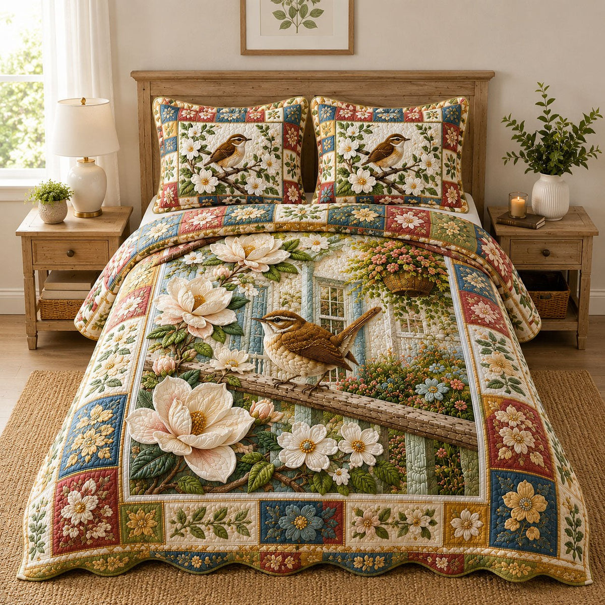 Cottage Garden Wren Magnolia 3-Piece Quilted Bedding Set — quilt and two matching pillow shams