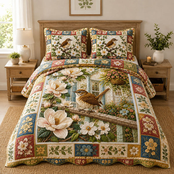 Cottage Garden Wren Magnolia 3-Piece Quilted Bedding Set — quilt and two matching pillow shams
