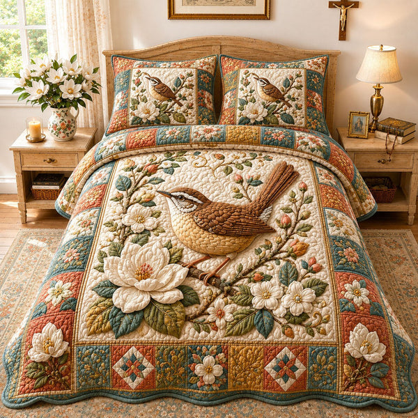 Faithful Magnolia Wren quilted 3-piece bedding set on a made bed in a softly lit bedroom
