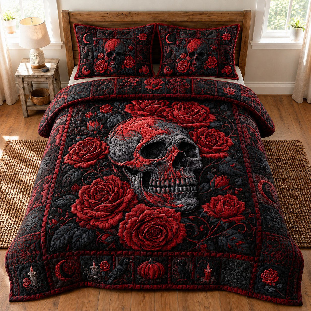 Crimson Rose Skull Gothic 3-Piece Quilted Bedding Set — quilt and two matching pillow shams