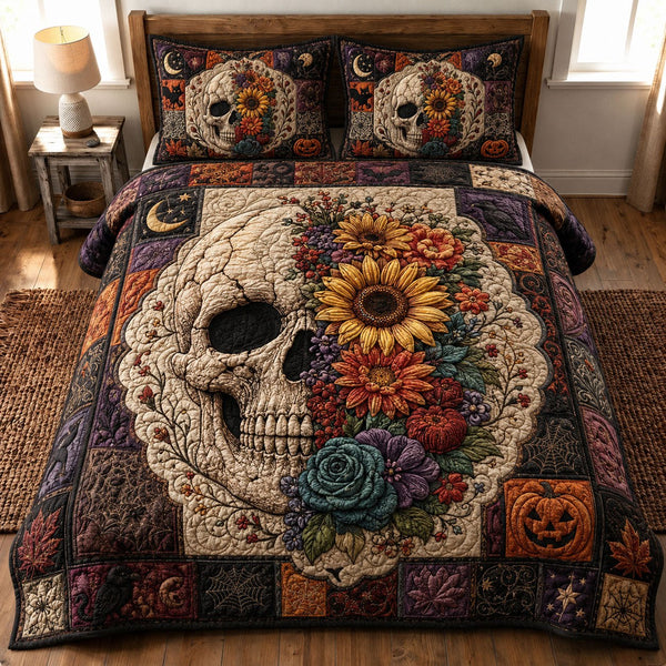 Autumn Floral Sugar Skull quilted 3-piece bedding set on a made bed against a dark styled interior