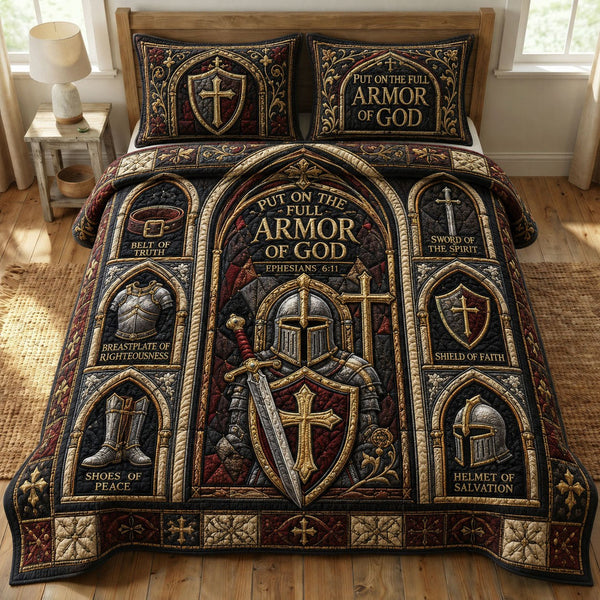 Cathedral Armor Shield quilted 3-piece bedding set on a made bed with two matching pillow shams