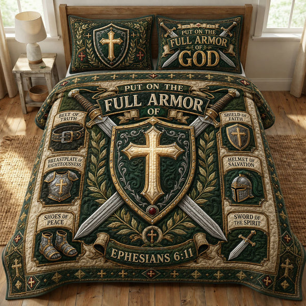 Emerald Shield Faith quilted 3-piece bedding set on a made bed in a softly lit bedroom