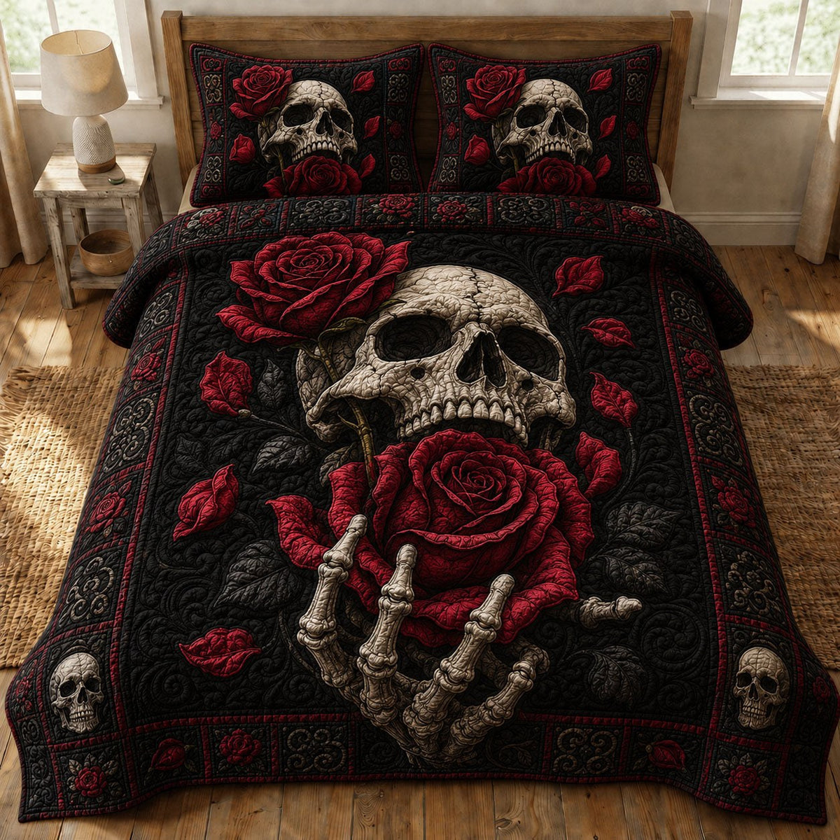 Crimson Rose Skull 3-Piece Quilted Bedding Set — quilt and two matching pillow shams